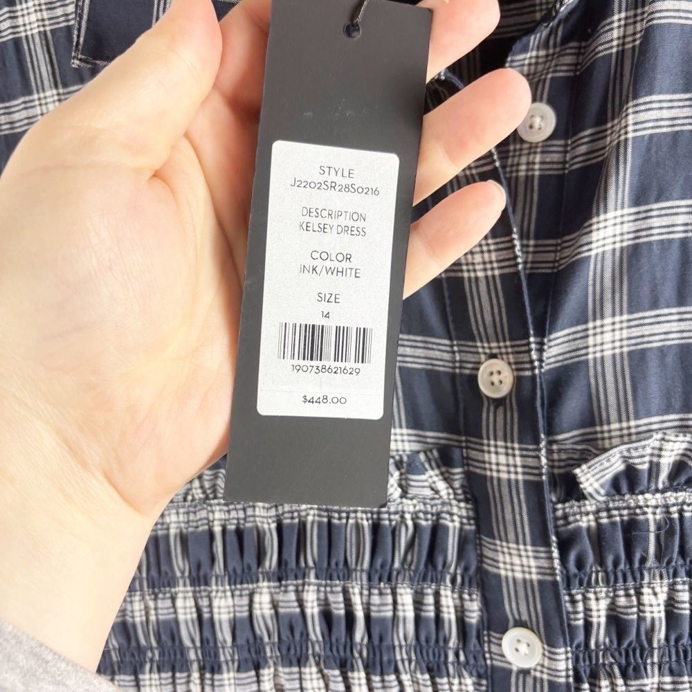 Veronica Beard Kelsey Long Sleeve Smocked Mini Dress Navy Blue Plaid Size 14 - Picture 6 of 8